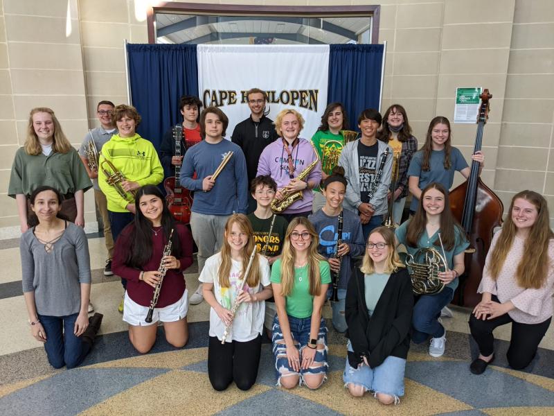 Cape High students making All-State Concert Band, All-State Jazz Band and All-State Choir are in back (l-r) Aidan Hudson, Elliott Bastian, Marcus Gromofsky, Christopher Emmett and Amelia Phelps. In the third row are Hadyn Carter-Hanson, Clay Wakefield, Federico Giovannitti, Chance Trumbauer, Ben Koly and Sara Dawson. In the second row are Alexis Barker, Anna Coverdale, L Williams, Mackenzie Vitolo, Amelia Bickel and Kayla Sponaugle. In front are Katie Costello, Emily Groll and Nicole Cordner. Not pictured are Gabby Windsor, Avery Silicato, Haley Archambault, Reilly Fagels-Carey, Josh Turek, Brenden Groll and Grayson Baltazar. SUBMITTED PHOTOS